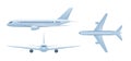 Air vehicles. Flying airplane, airliner. Passenger plane in different angles. Royalty Free Stock Photo