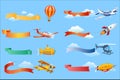 Air vehicles with horizontal banners set, helicopter, airplane, biplane, airship with ribbons vector Illustrations