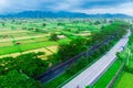 Air view of green fields green rice and corn fields in Amed, Bali, Indonesia Royalty Free Stock Photo