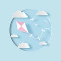 Kite with clouds and birds in the sky. Illustration in paper cut style