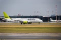 AirBaltic airline Airbus A220-300 on the runway at Riga International Airport. Riga International Airport, Marupe, Latvia - 08 Jul