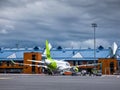 AirBaltic A220 preparing for a flight at Tallinn Airport on a gloomy day