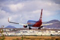 Airberlin airplane Boeing 737-800 landing on Lanzarote island