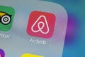 Airbnb application icon on Apple iPhone X screen close-up. Airbnb app icon. Airbnb.com is online website for booking rooms. social