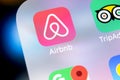 Airbnb application icon on Apple iPhone X screen close-up. Airbnb app icon. Airbnb.com is online website for booking rooms. social