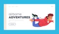 Airborne Adventures Landing Page Template. Joyful Man Character Soaring In Sky With Outstretched Arms And A Big Smile