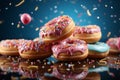 Airborne delights: Colorful sprinkled donuts against a blue background