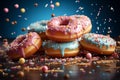 Airborne delights: Colorful sprinkled donuts against a blue background