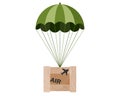 Airborne delivery wooden box package parcel air drop with parachute. Online military game concept