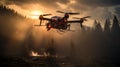 Airborne firefighting: Drone monitors devastating forest fire. Royalty Free Stock Photo