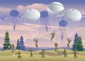 Airborne Special Forces attack off road at sunset, evening landscape and cloudy sky illustration isometric icons on isolated backg