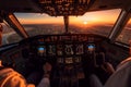 Airborne at Sunset, Pilot in Cockpit of Modern Aircraft, generative Ai