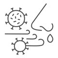 Airborne virus spread thin line icon. Person breath virus bacteria outline style pictogram on white background. Covid-19