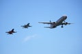 Airbus A320 aircraft accompanied by two fighters Royalty Free Stock Photo