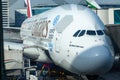 The Airbus A 380 aircraft waiting for passengers at the boarding gate, Dubai International Airport, Arab Emirates