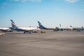 Airbus a-320 and Boeing 777-300 Aeroflot Russian Airlines. Russia, airport Sheremetyevo. 20 April 2018.