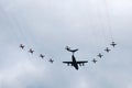 Airbus A400 in formation with Red Arrows (Hawks T1) Royalty Free Stock Photo