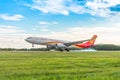 Airbus a330 Hainan airlines touch chassis with smoke, airport Pulkovo, Russia Saint-Petersburg. August 15. 2018.