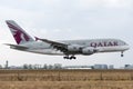 Airbus A380-861 - 137, operated by Qatar Airways landing Royalty Free Stock Photo