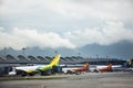 Airbus and plane on runway station waiting time for take off at Hong Kong International Airport