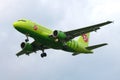 The Airbus A319-113 plane VP-BTQ of S7 Siberia Airlines airline flying in the cloudy sky