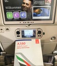 Airbus A380 safety instructions on board with seat back screen in economy class