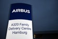 An airbus sign at night at the factory and airport finkenwerder hamburg germany