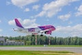 Airbus A320 of Wizzair airlines with tail number HA-LWC is landing at the Moscow airport. Commercial international