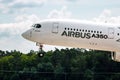 Airbus A350 XWB passenger plane landing on Berlin-Schoneveld airport during the Berlin ILA Airshow. Berlin, Germany - June 2, 2016