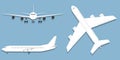 Aircraft, airplane, airliner in different point of view vector. Flying airplane, jet aircraft, airliner. Top, front, side, 3d pers