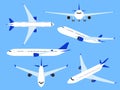 Aircraft. Airplane top, side and front view, fast transport charter. Cargo airlines with wing, commercial journey