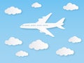 Aircraft in blue sky. Flight airplane and white clouds in origami style, aviation tourism. World travelling paper vector