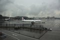 Aircraft boeing prepare plane for take off and landing on runway while raining in Narita International Airport in Tokyo, Japan