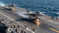 Aircraft Carrier Flight Deck Operations Jets Launching Combat Mission Royalty Free Stock Photo