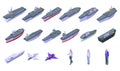 Aircraft carrier icons set, isometric style Royalty Free Stock Photo