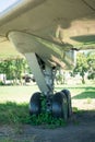 Aircraft chassis. Hull, chassis, engines and propellers of an old plane. large, cargo, military aircraft with a large payload Royalty Free Stock Photo