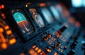 Aircraft cockpit dashboard with glowing screens and control buttons. Pilot navigates using modern avionics displays. Flight panel Royalty Free Stock Photo