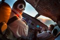 Aircraft cockpit. The pilots of the passenger plane at work.