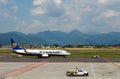 Aircraft companies Rayanair flies up at the airport of Bergamo.