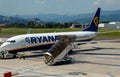 Aircraft companies Ryanair flies up at the airport of Bergamo.