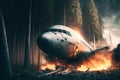Aircraft crash in forest. Airliner catastrophe among trees. Plane accident. Generative AI