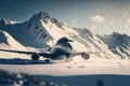 Aircraft crash in mountains. Airliner catastrophe. Plane accident with snowy mountains backdrop. Generative AI
