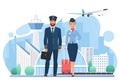 Aircraft crew people in modern airport, stewardess and pilot with travel bags standing Royalty Free Stock Photo