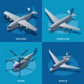 Aircraft different types 2X2 vector illustration isometric icons on isolated background