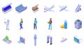 Aircraft disinfection icons set isometric vector. Airport plane