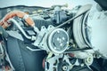 Aircraft engine detail. Piece of equipment of the aircraft engine closeup, blue colored