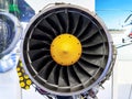 Aircraft engine. Front view of the Ukrainian-made AI-322 turbojet engine IVCHENKO PROGRES at the international exhibition ARMS AND