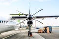 Aircraft engine propeller blades at the airport with clear sky