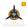 Aircraft engine in realistic style. Motor with propeller on white background