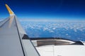 Aircraft engine and wing on the border of atmosphere and space. The edge of the troposphere. Horizon over the Earth